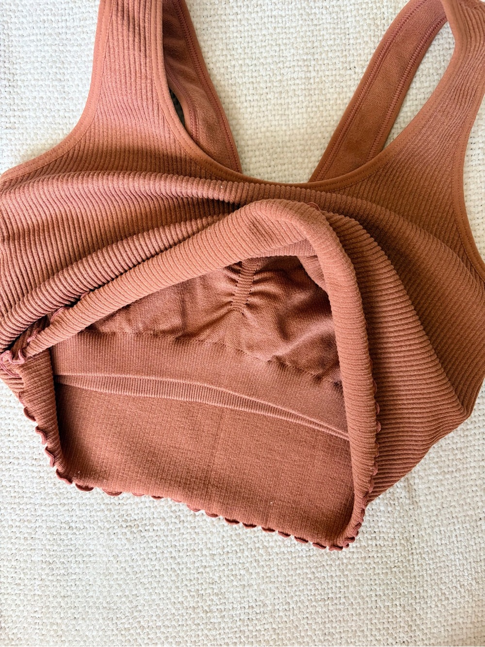 Deep Rust Colored Ribbed Sports Bra + Leggings Set w Lettuce Trim — Size S - Picture 4 of 12